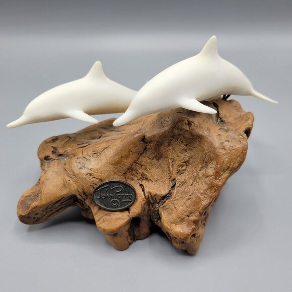 Vintage John Perry White Dolphin Sculpture On Driftwood Base 4" Tall - Picture 9 of 14